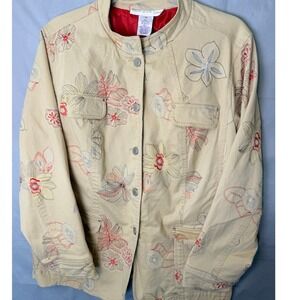 Susan Graver 1X Tan Floral Embroidered Jacket Cotton Blend Utility Plus Size